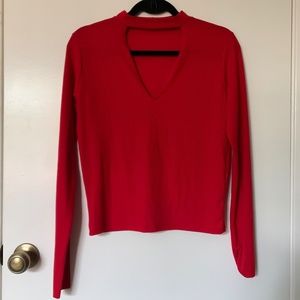 Zara Trafaluc Red Long Sleeve Ribbed Top With Chest Cut Out